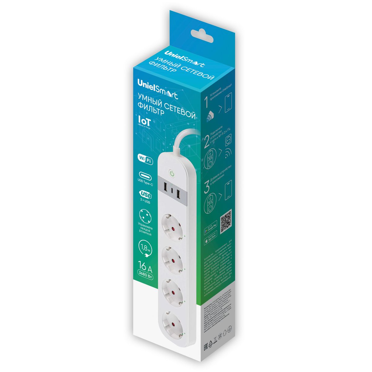 фото умный сетевой фильтр uniel p-gcl4-1,8 a201/uc/wf white | 220svet.ru