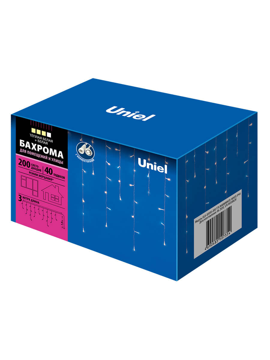 фото уличная светодиодная гирлянда uniel бахрома 220v теплый белый-белый uld-b3010-200/ttk warmwhite-white ip44 ul-00003949 | 220svet.ru