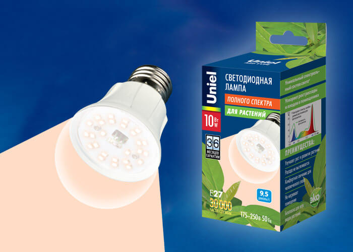 фото лампа светодиодная для растений uniel e27 10w прозрачная led-a60-10w/spfr/e27/cl plp01wh ul-00001820 | 220svet.ru